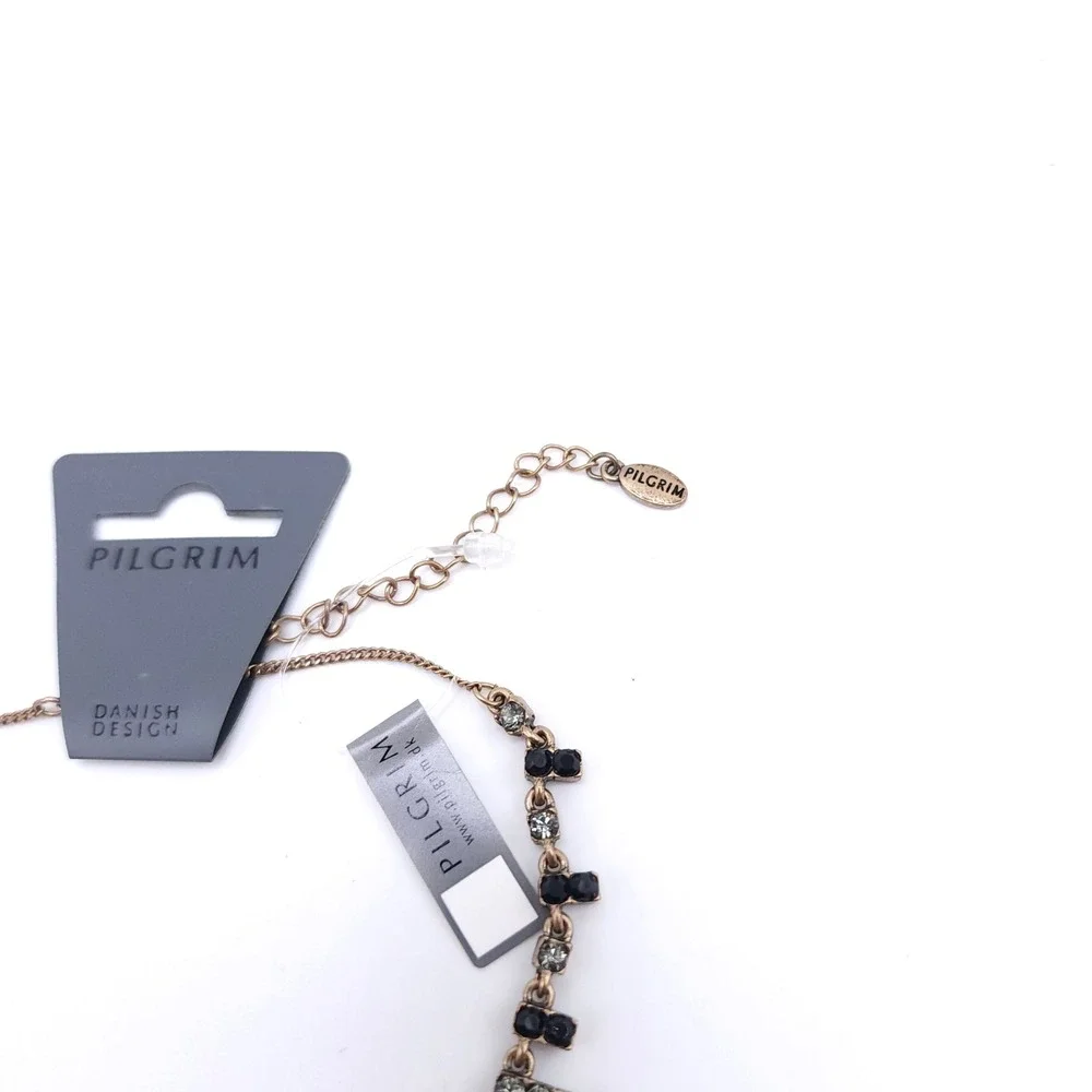 Pilgrim Fringe Bib Necklace Gold Tone Black‎ Clear Swarovski Crystal Statement